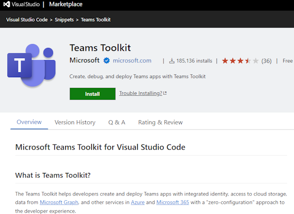 Captura de ecrã a mostrar o ecrã do Teams Toolkit Marketplace.